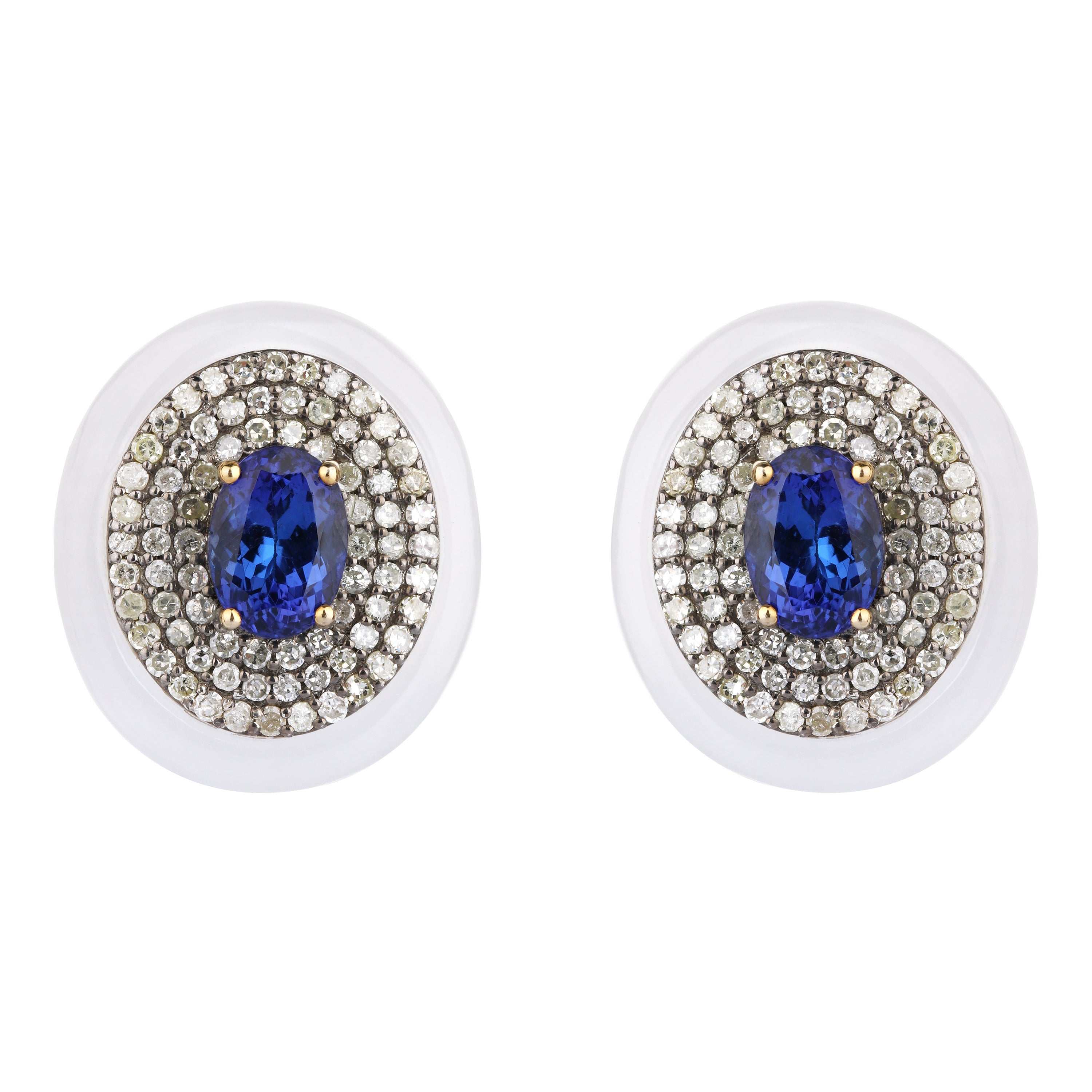 Boucles d'oreilles en diamant, tanzanite et calcédoine de 2,96 carats