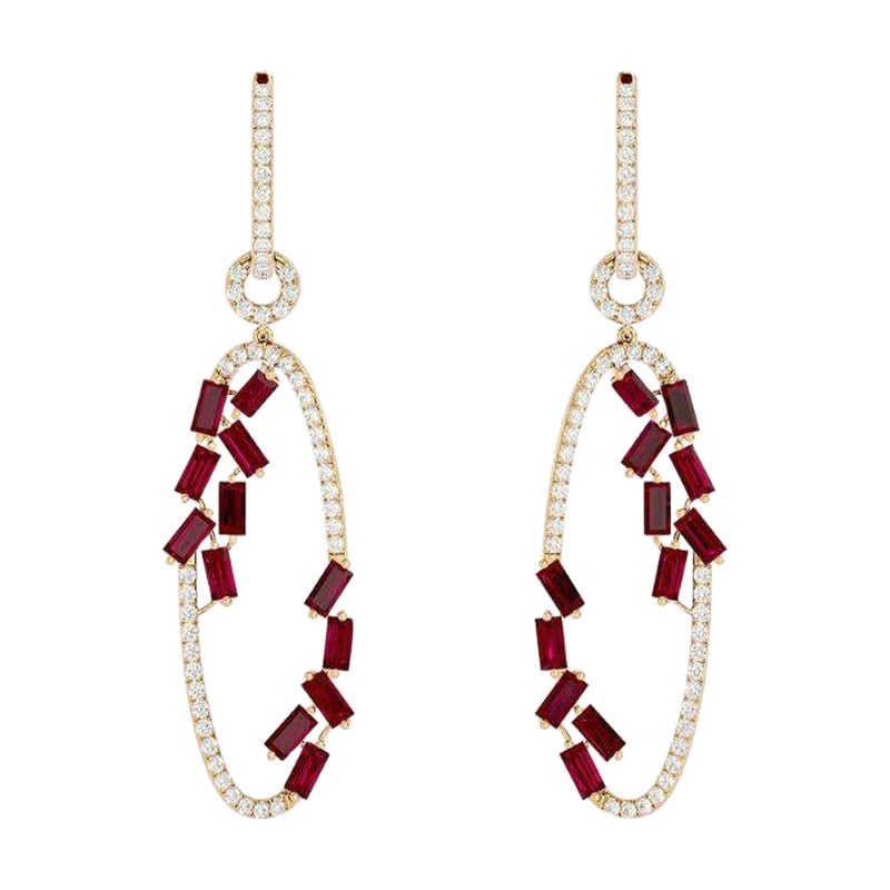 Diamond Danglers with Scattered Rubies in 18 Karat Gold For Sale