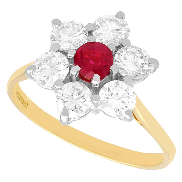 Ruby and Diamond Flower Ring in 14k Gold, Floral Pierced Leaf Asymmetry (LV)  For Sale at 1stDibs