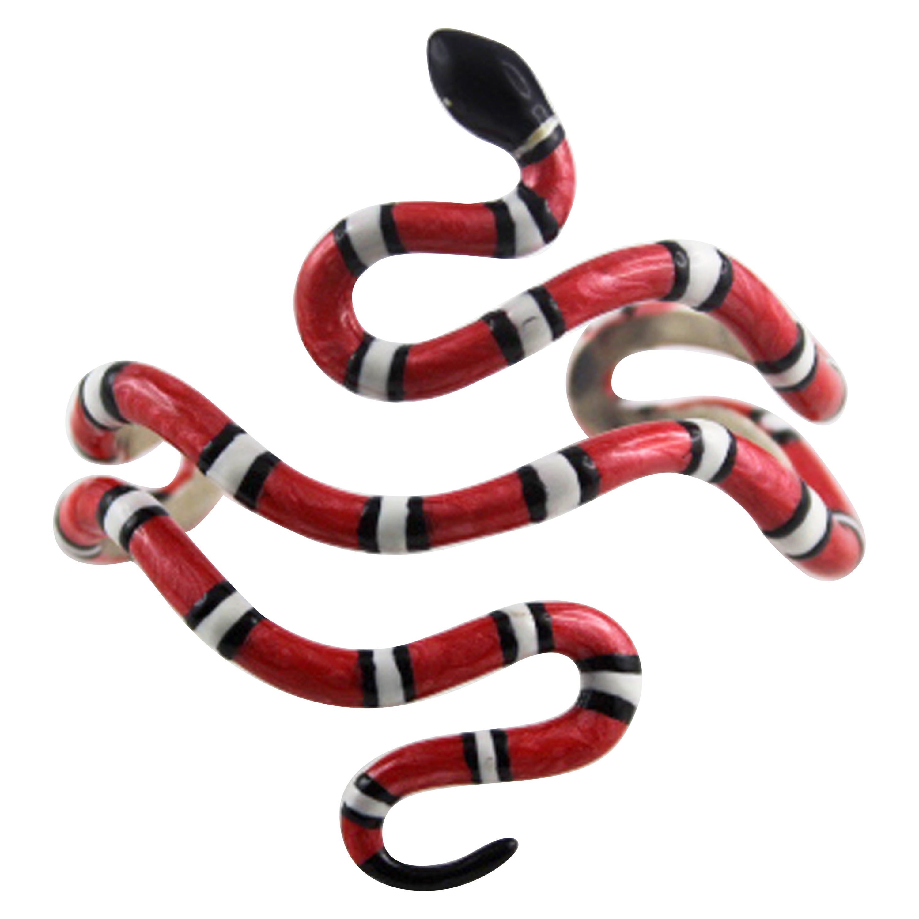 Coral Coiled Snake Red White Black Enamel 925 Silver Cuff Bracelet For Sale  at 1stDibs