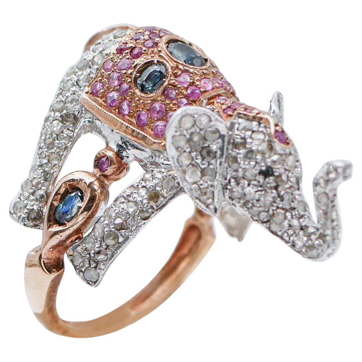 Sapphires, Rubies, Diamonds, Rose Gold and Silver Elephant Ring