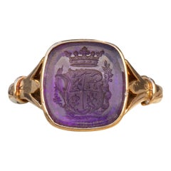 Scarce Antique Swedish Amethyst Coat of Arms Intaglio Signet Ring Löwenhielm