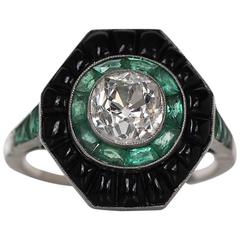 1930s Art Deco 1.20 Carat Old Cushion Cut Diamond Emerald Gold Halo Ring 10