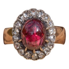 Antique French Victorian 18k Gold 2.7ct Carbuncle Garnet Diamond Cluster Ring