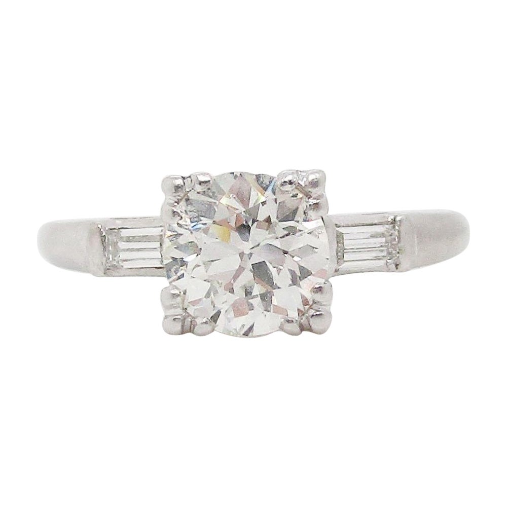 1940s Art Deco Platinum 1+ Carat Euro Cut Diamond Engagement Ring For Sale