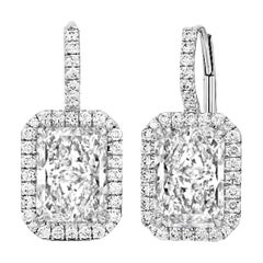 Exquisite Pair GIA Certified 3.80 Long Radiant Cut Diamond Halo Dangle Earrings