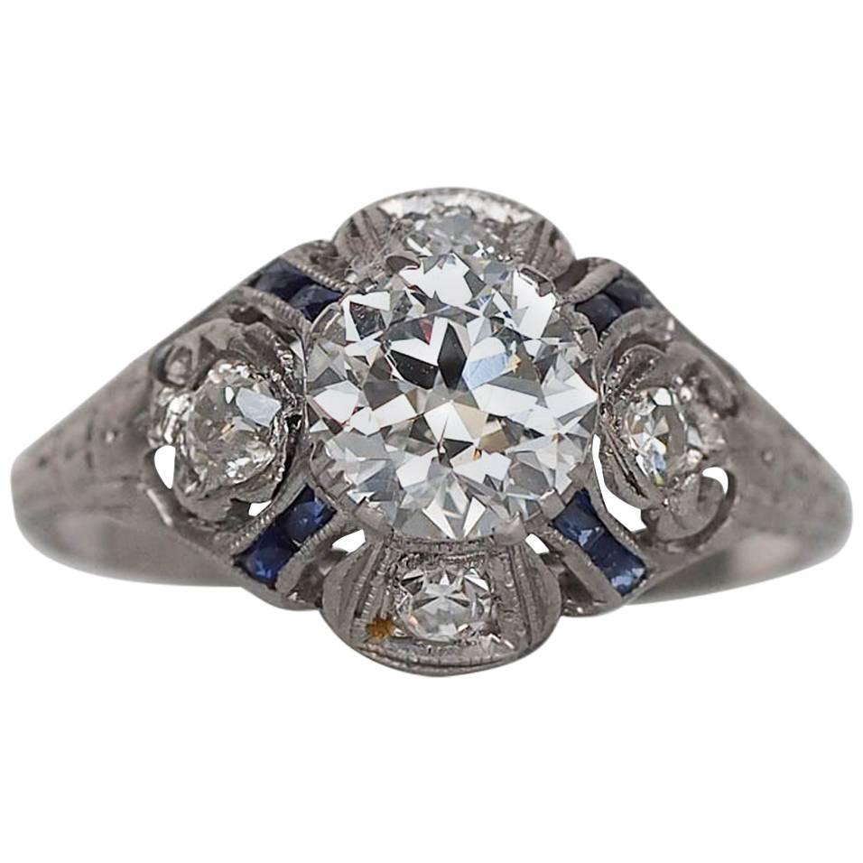 Art Deco 1.00 Carat GIA Certified Diamond Sapphire Platinum Engagement Ring