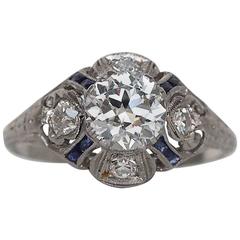 Art Deco 1.00 Carat GIA Cert Diamond Sapphire Platinum Engagement Ring 4
