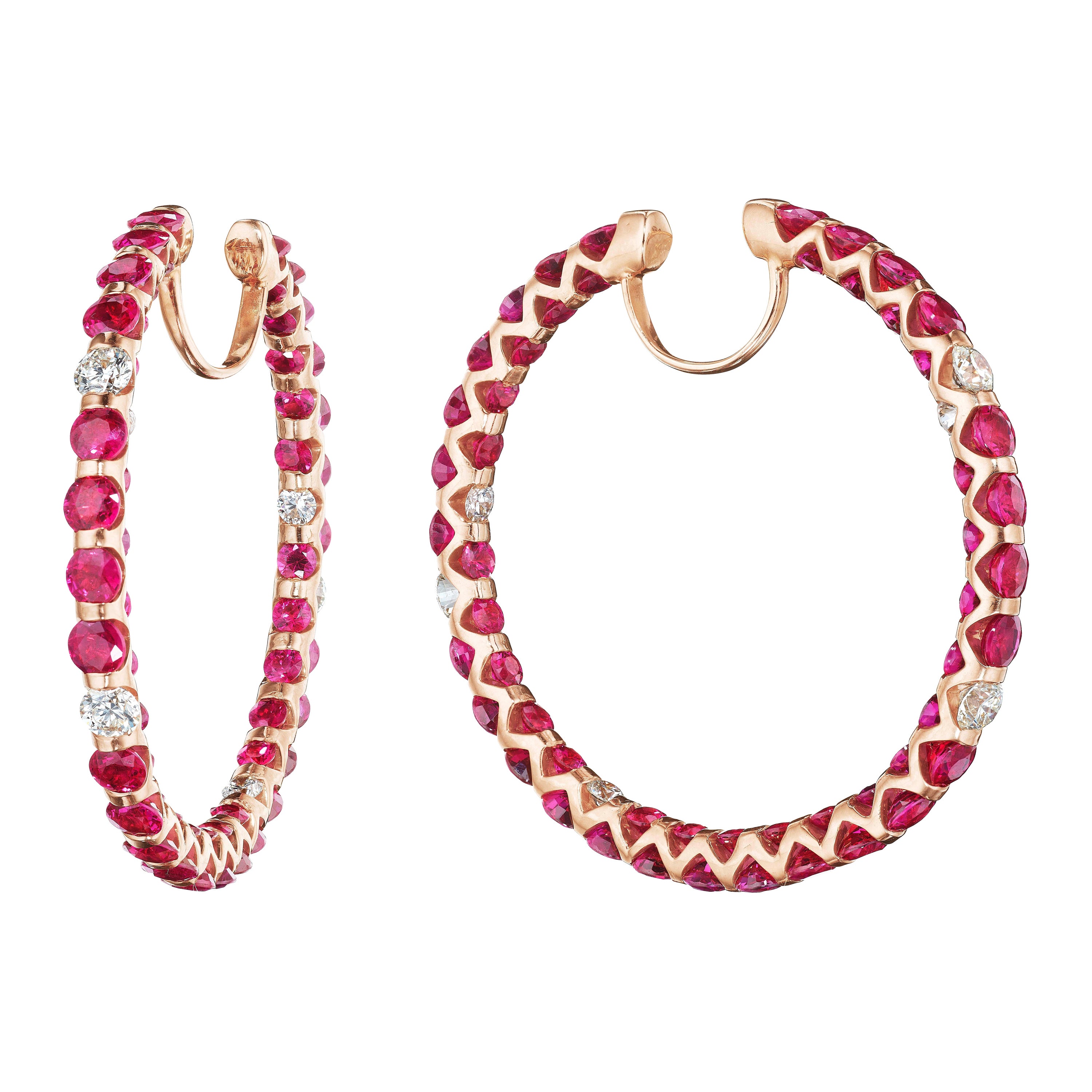 21.20 Carat Ruby and Diamond Hoop Earrings in Rose Gold For Sale