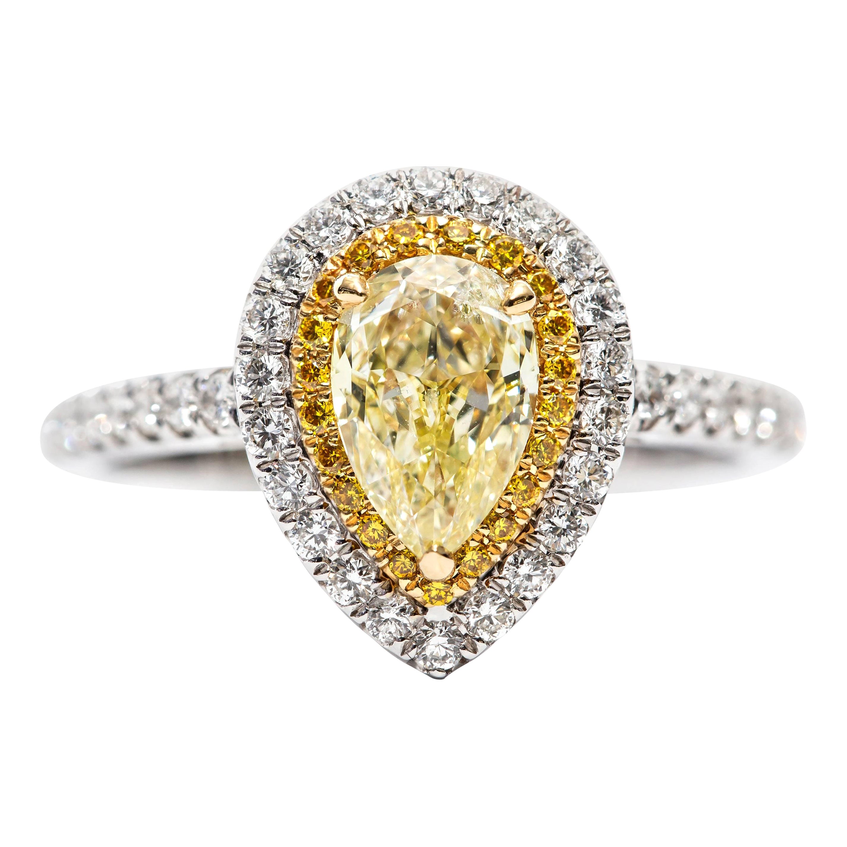 1.15ct GIA Fancy Yellow Pear Round Diamond Bespoke Double Halo Engagement Ring
