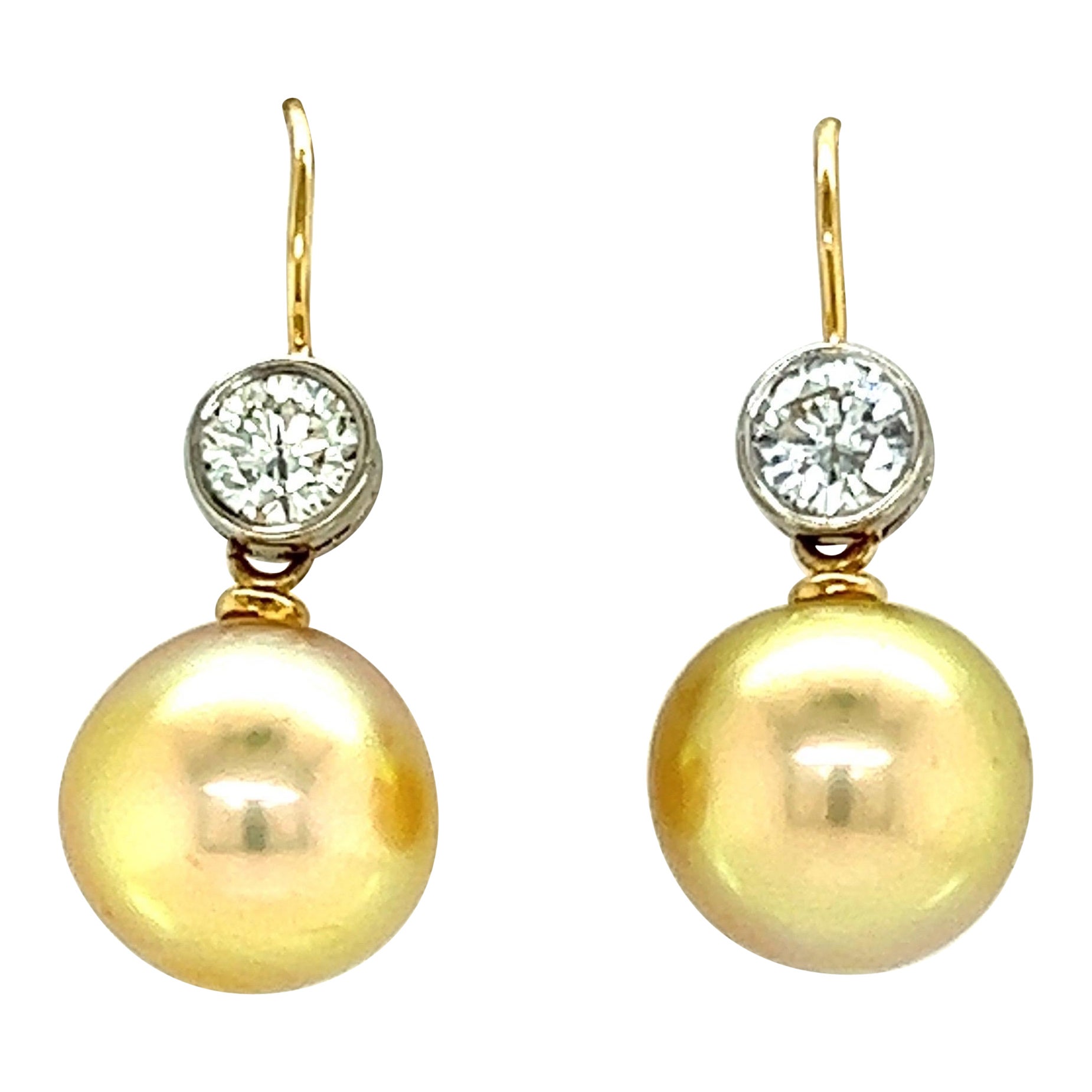 18k Yellow and White Gold Earrings 1.00tct Diamonds Yellow South Sea Pearls For Sale