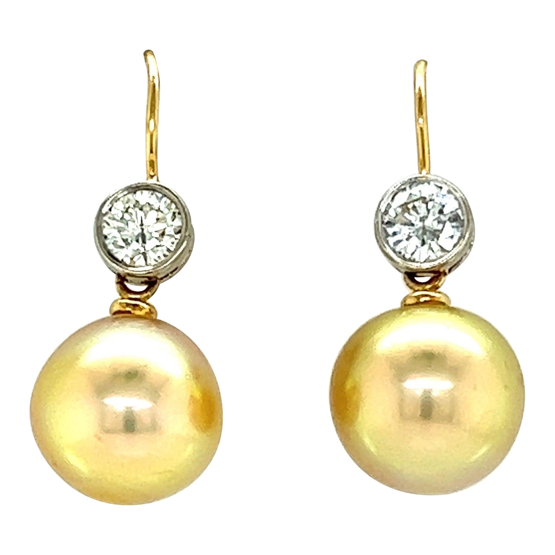 18k Yellow and White Gold Earrings 1.00tct Diamonds Yellow South Sea Pearls