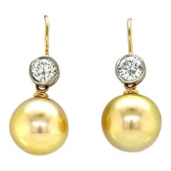 Boucles d'oreilles en or jaune et blanc 18 carats avec diamants de 1,00 carat et perles des mers du Sud 