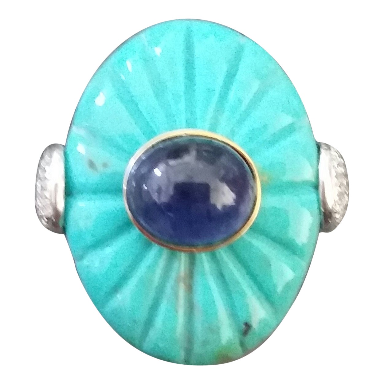 Art Deco Style Carved Turquoise Blue Sapphire Cab Gold Diamonds Cocktail Ring