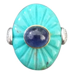 Art Deco Style Carved Turquoise Blue Sapphire Cab Gold Diamonds Cocktail Ring