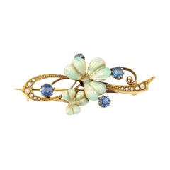 Art Nouveau 15ct Gold Sapphire, Enamel and Pearl Flower Brooch, circa 1910