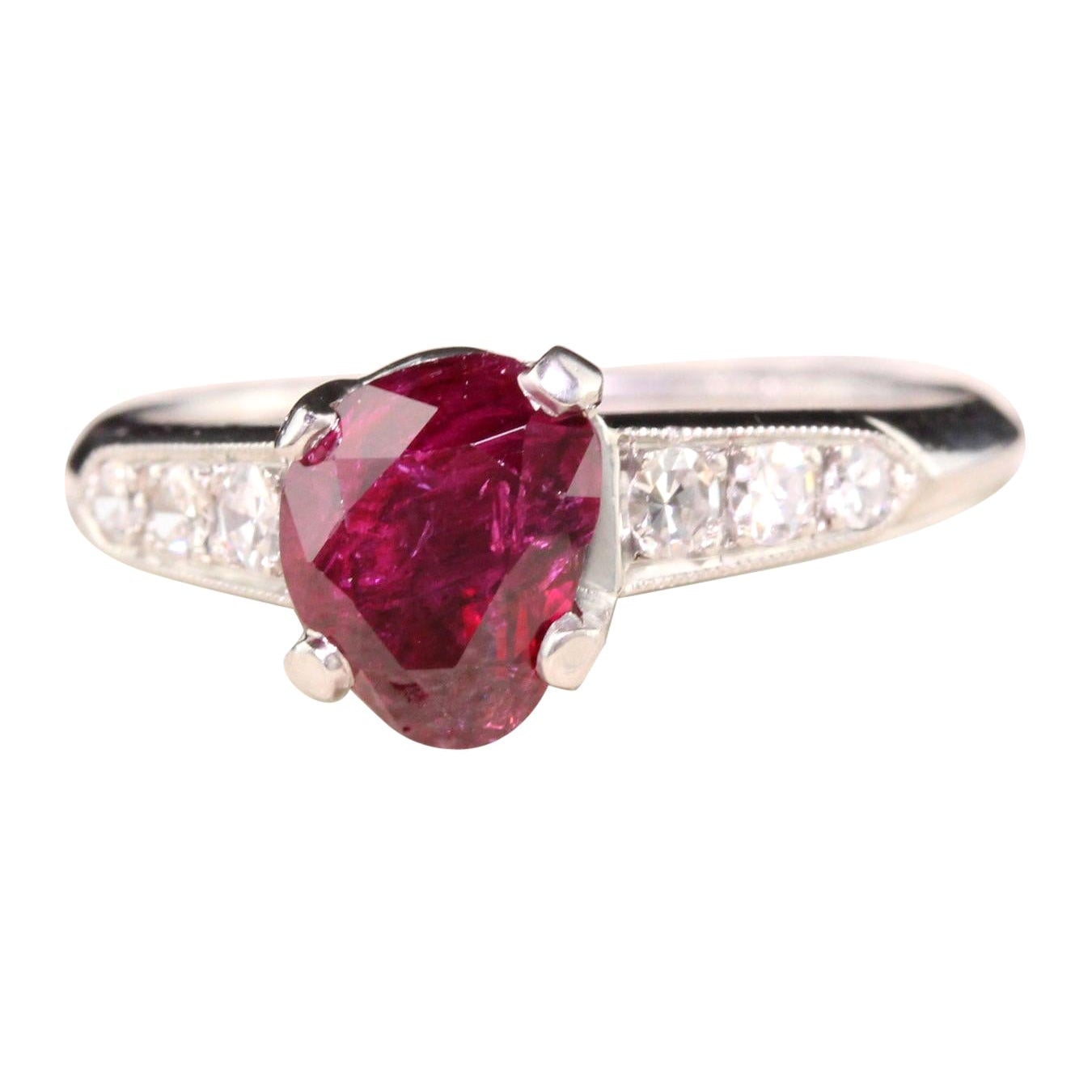 Antique Art Deco Platinum Ruby and Diamond Engagement Ring, GIA