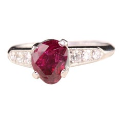 Antique Art Deco Platinum Ruby and Diamond Engagement Ring, GIA