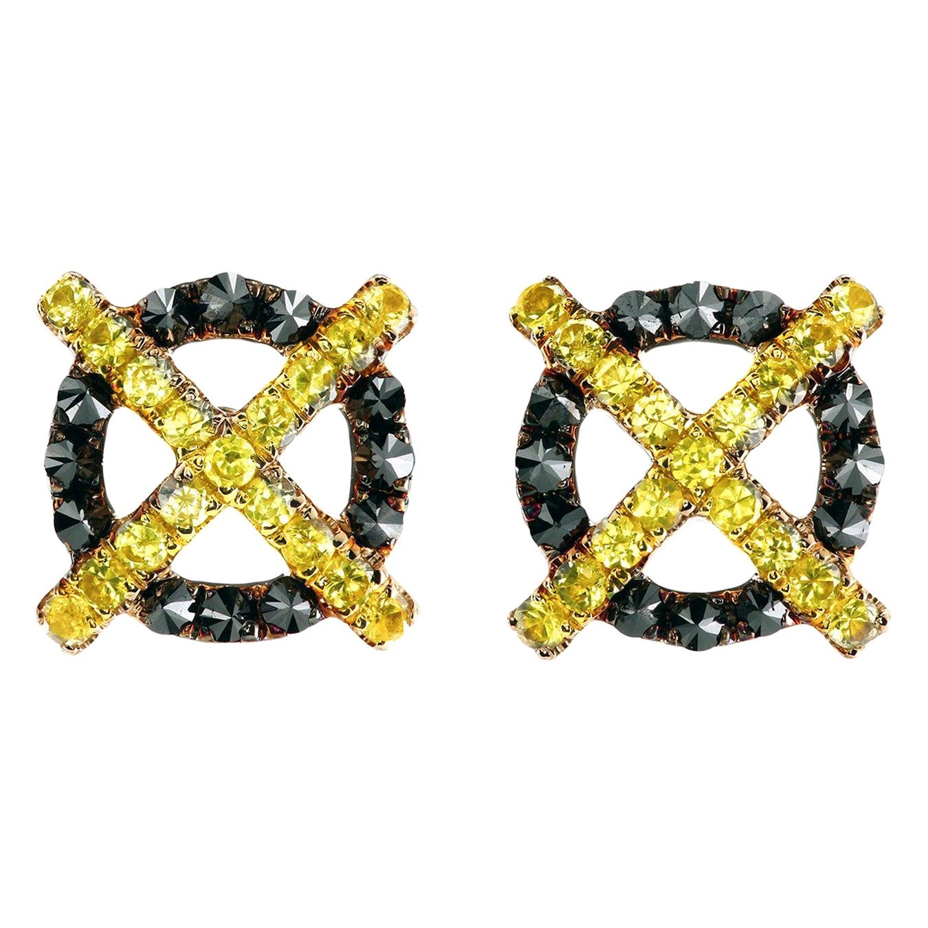 Leon Mege 18 Karat Yellow Gold Studs Earring with Sapphires and Black Diamonds For Sale