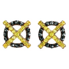 Leon Mege 18 Karat Yellow Gold Studs Earring with Sapphires and Black Diamonds
