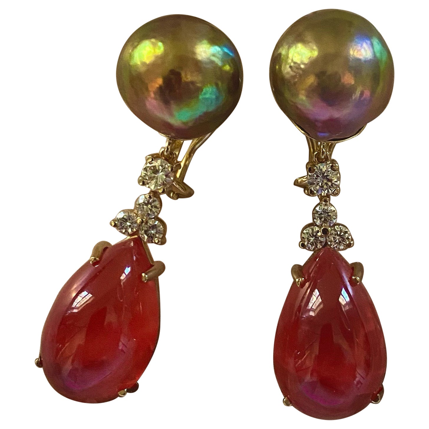 Michael Kneebone Kasumi Pearl Diamond Rhodochrosite Dangle Earrings For Sale