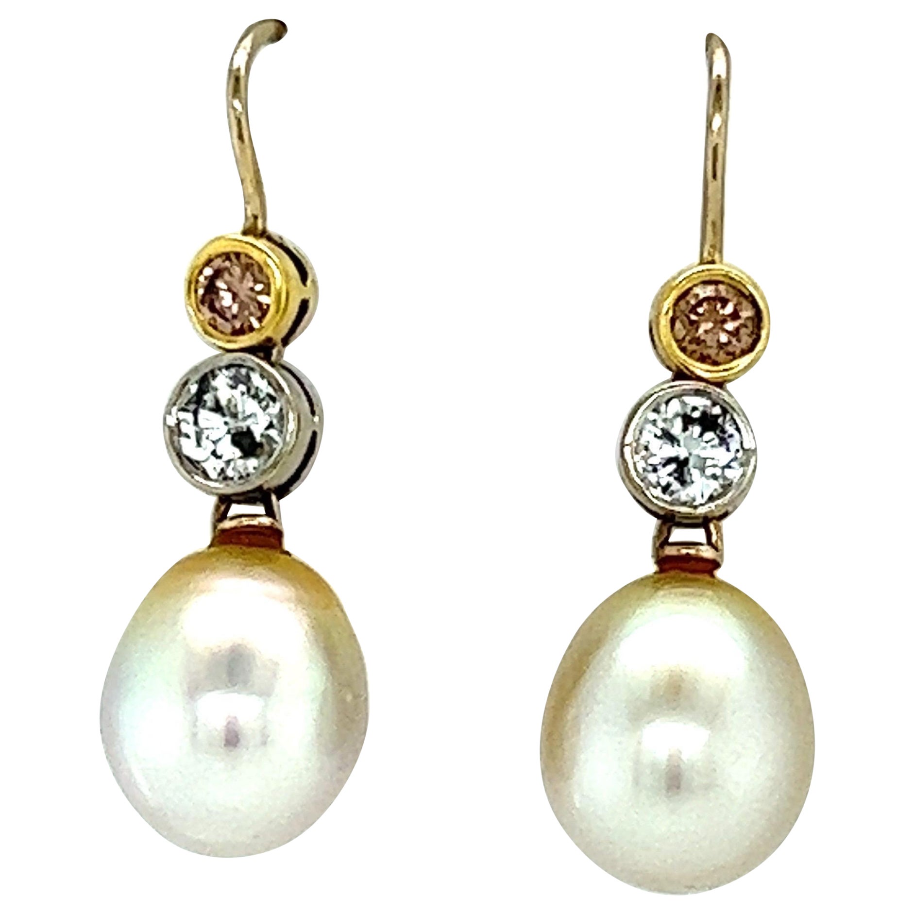 18k Yellow and White Gold Pearl Earring with White and Champagne Diamonds