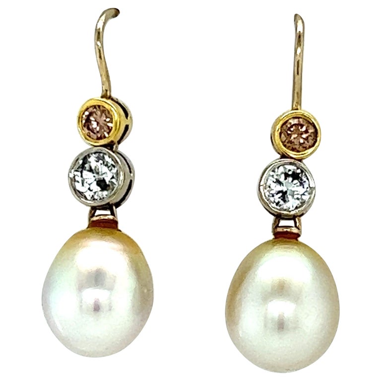 18k Yellow and White Gold Pearl Earring with White and Champagne ...