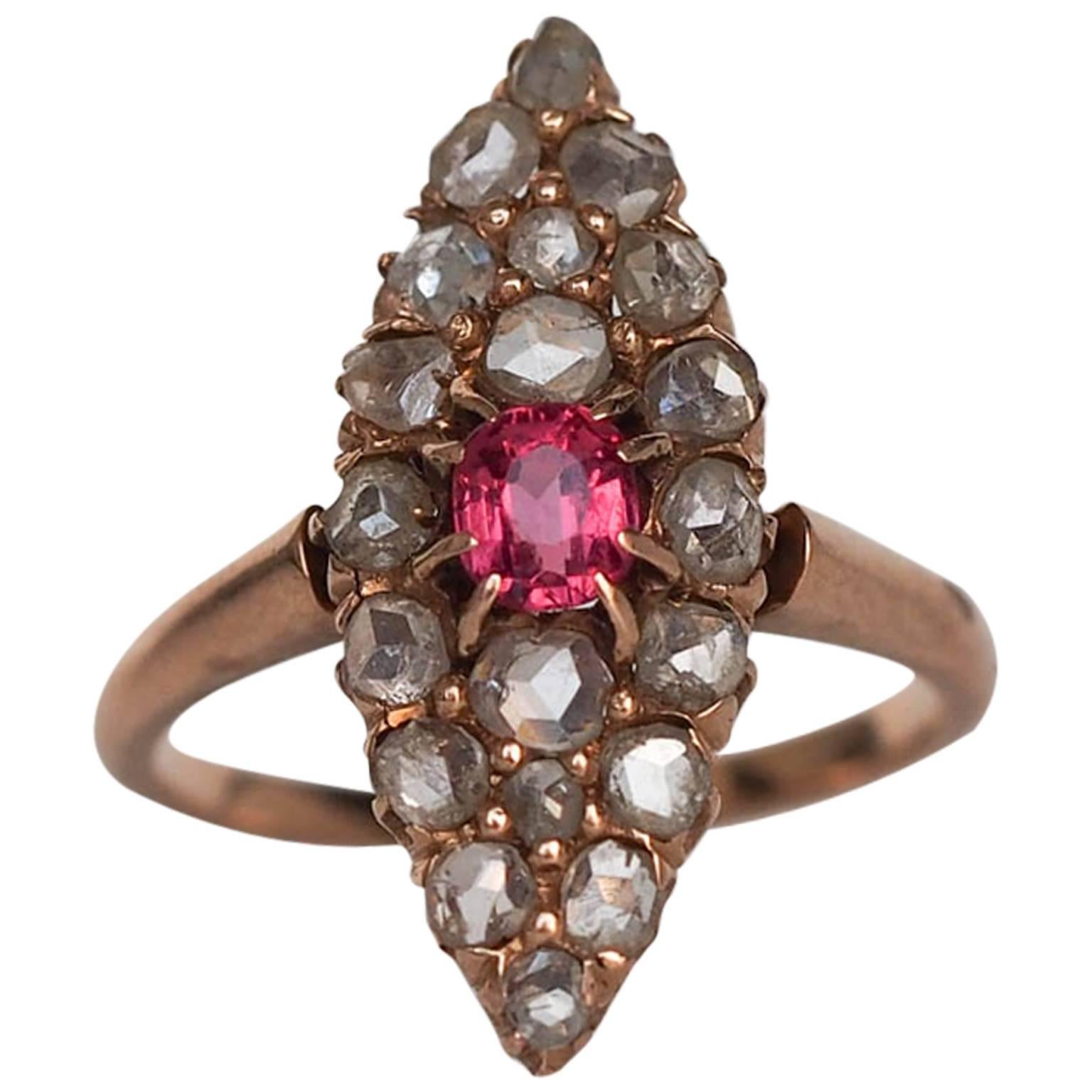 1870s Victorian Pink Sapphire Rose Cut Diamond Gold Navette Ring