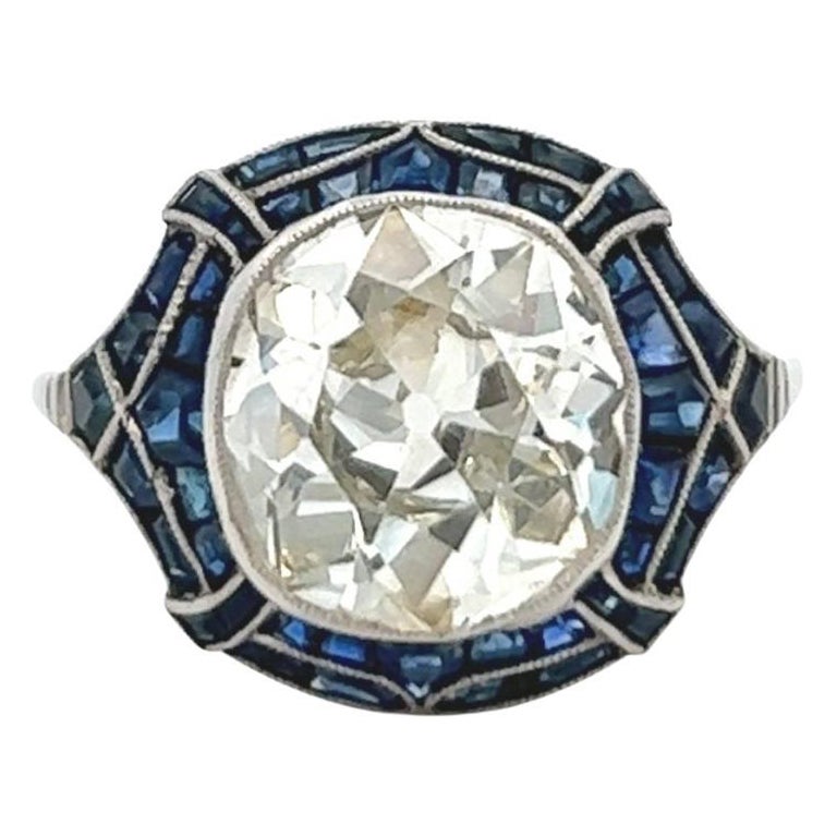 Art Deco Inspired GIA 3.39 Carats Old Mine Cut Diamond Sapphire Platinum Ring