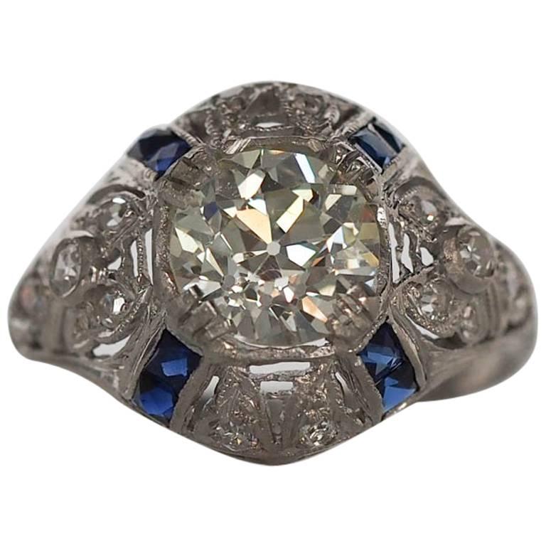 1920s Art Deco 1.67 Carat Old European Diamond Platinum Engagement Ring