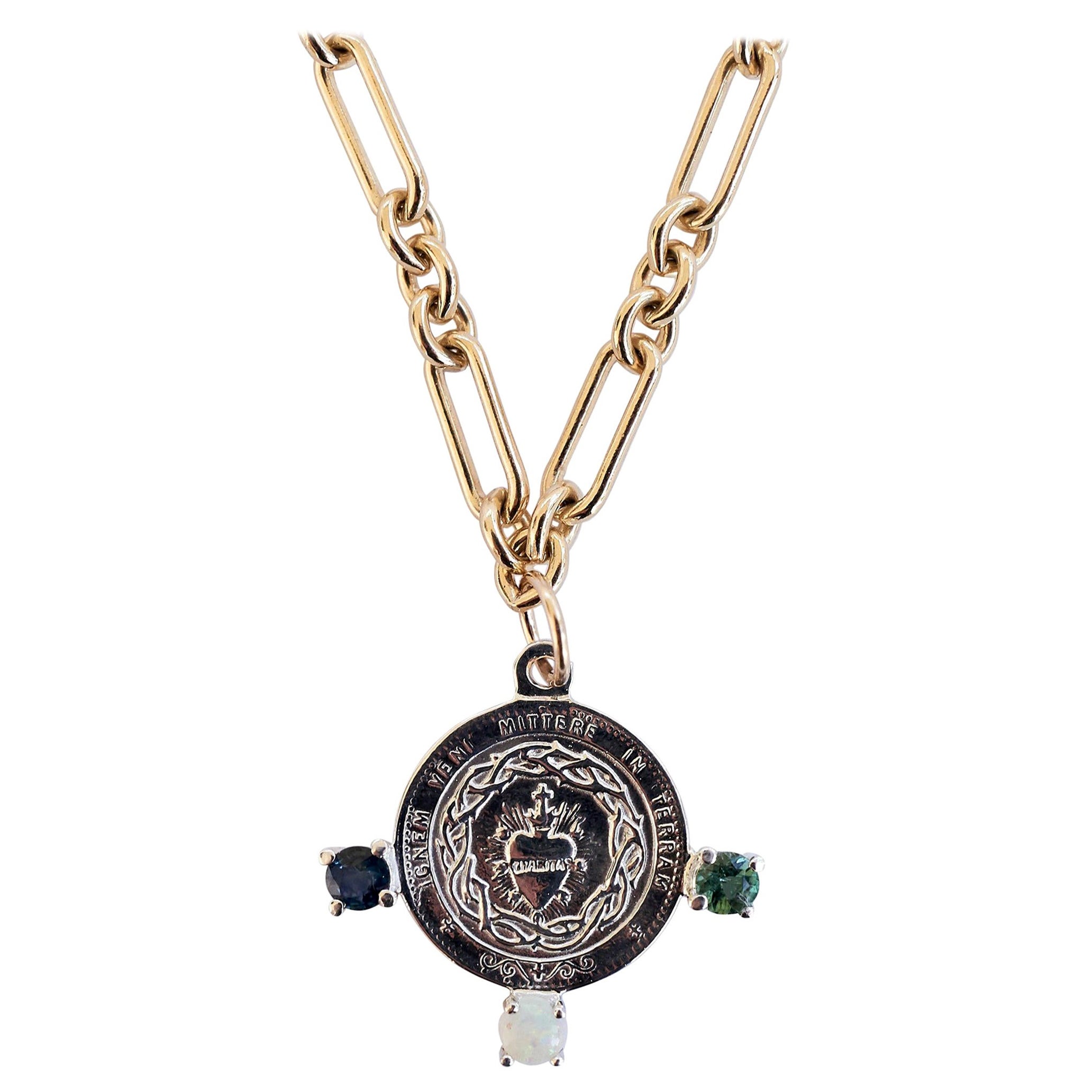 Halskette mit schwarzer Perlenkette aus Sterlingsilber mit Turmalin, Opal und Heiligem Herz-Medaille