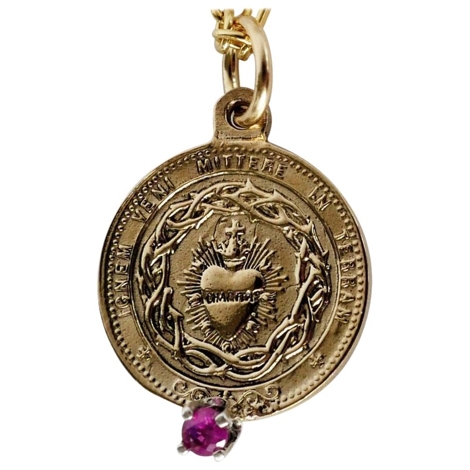 Turmalin-Halskette mit Heiligem Herz-Medaille-Anhänger, Gold Vermeil J Dauphin im Angebot