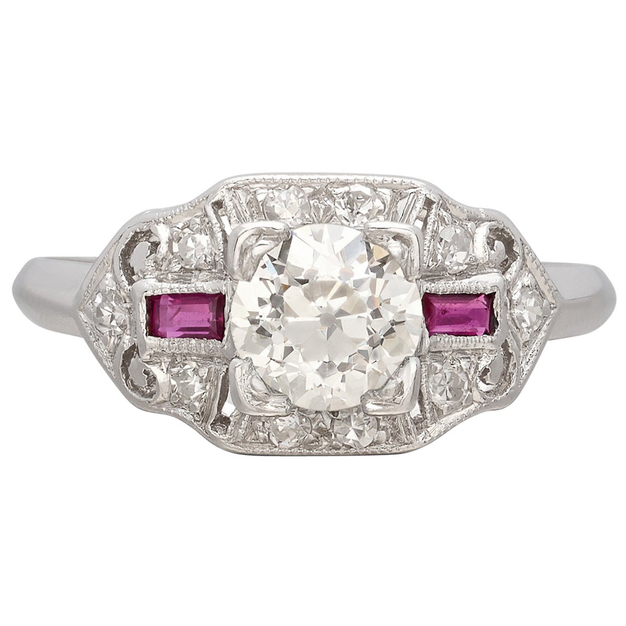 Art Deco Old Euro Cut Diamant & Rubin Ring im Angebot