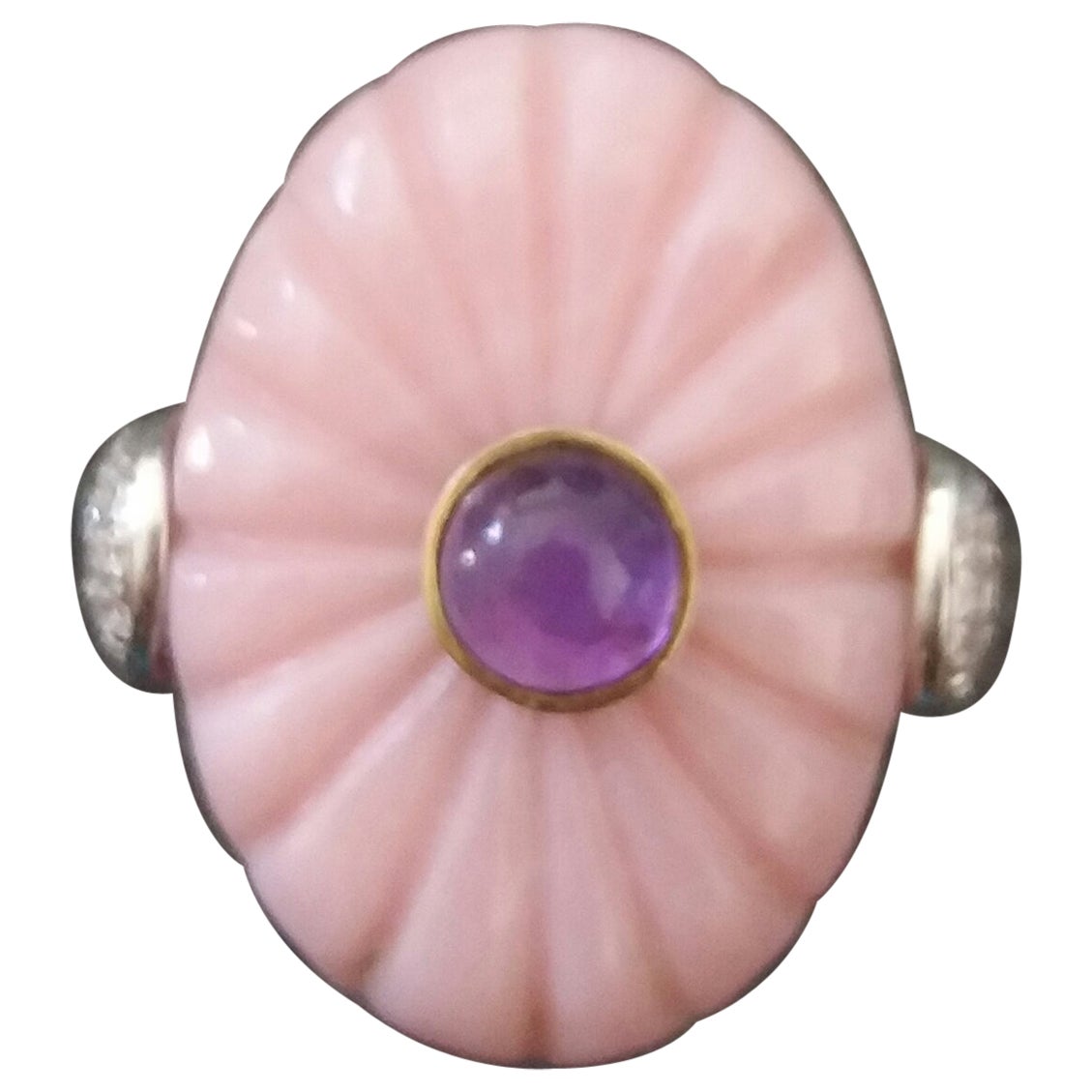 For Sale:  Art Deco Style Carved Pink Opal Genuine Amethyst Cab Gold Diamonds Cocktail Ring