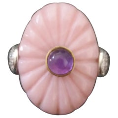 Art Deco Style Carved Pink Opal Genuine Amethyst Cab Gold Diamonds Cocktail Ring
