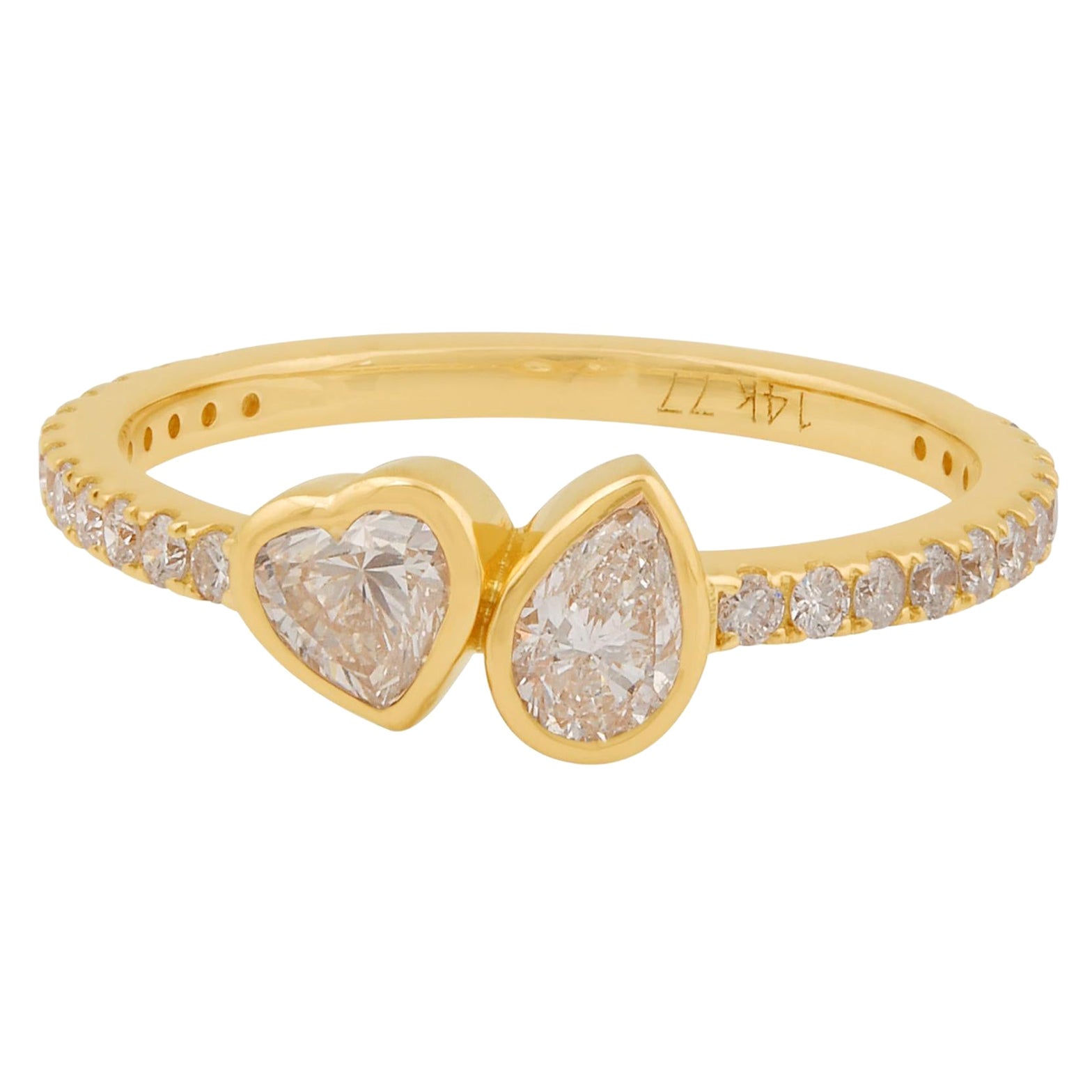 Bague en or jaune 14 carats faite à la main avec diamants taille poire et cœur de 0,77 carat