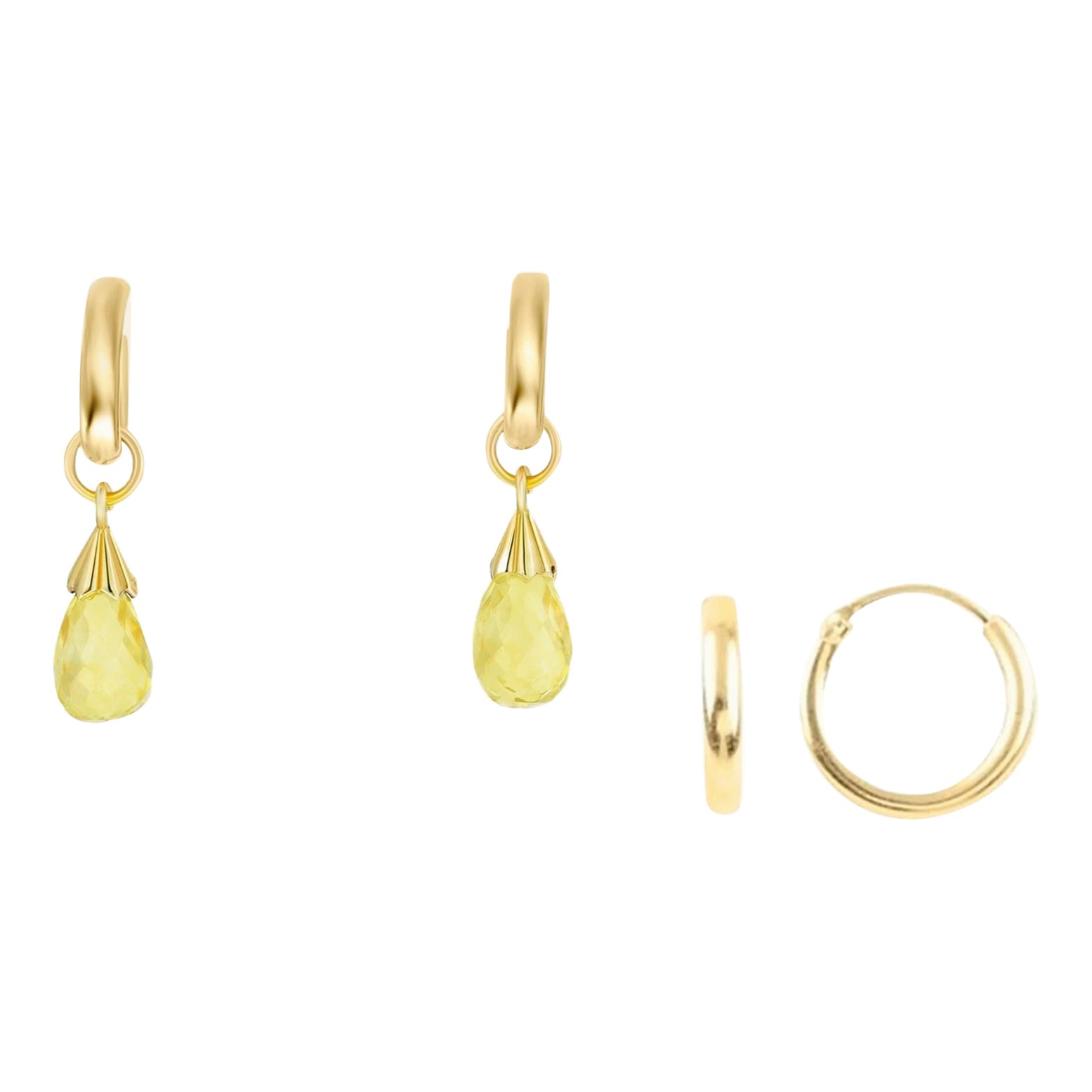 Hoop Earrings and Citrine Briolette Charms in 14k Gold For Sale