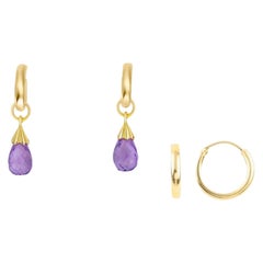 Hoop Earrings and Amethyst Briolette Charms in 14k Gold