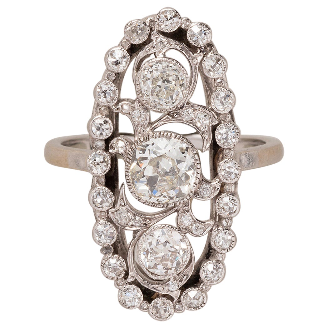 18 Carat White Gold and Platinum Edwardian Navette Shaped Ring with Diamonds For Sale