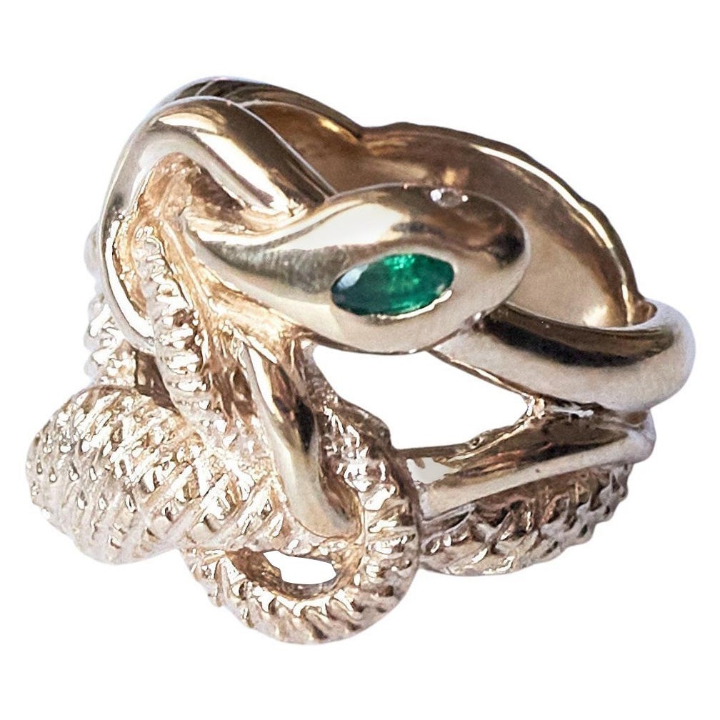 Emerald Marquis White Diamond Ruby Snake Ring Victorian Style Bronze J Dauphi For Sale