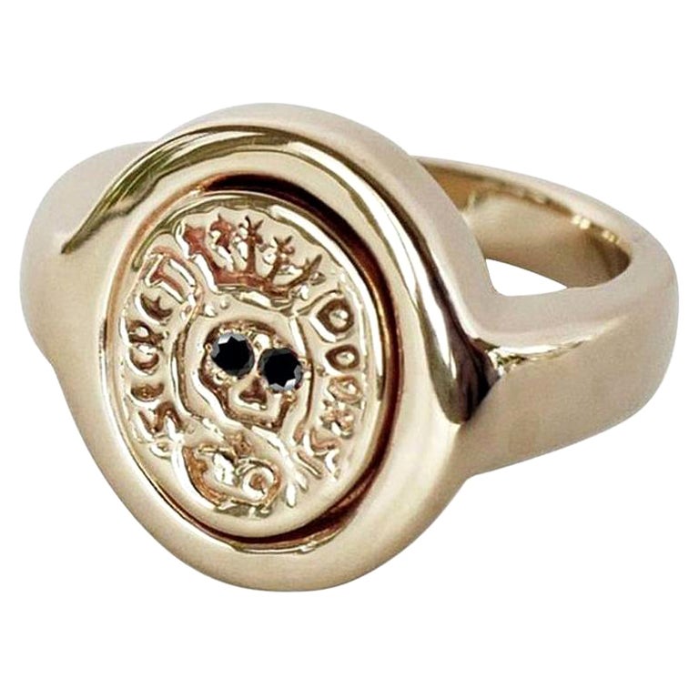 Black Diamond Skull Crest Signet Ring Gold Vermeil Victorian Style J Dauphin For Sale