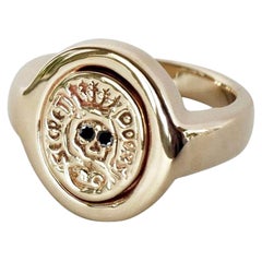 Black Diamond Skull Crest Signet Ring Gold Vermeil Victorian Style J Dauphin