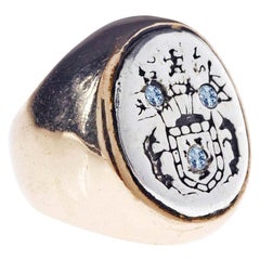 Retro Aquamarine Crest Signet Ring Sterling Silver Gold Vermeil