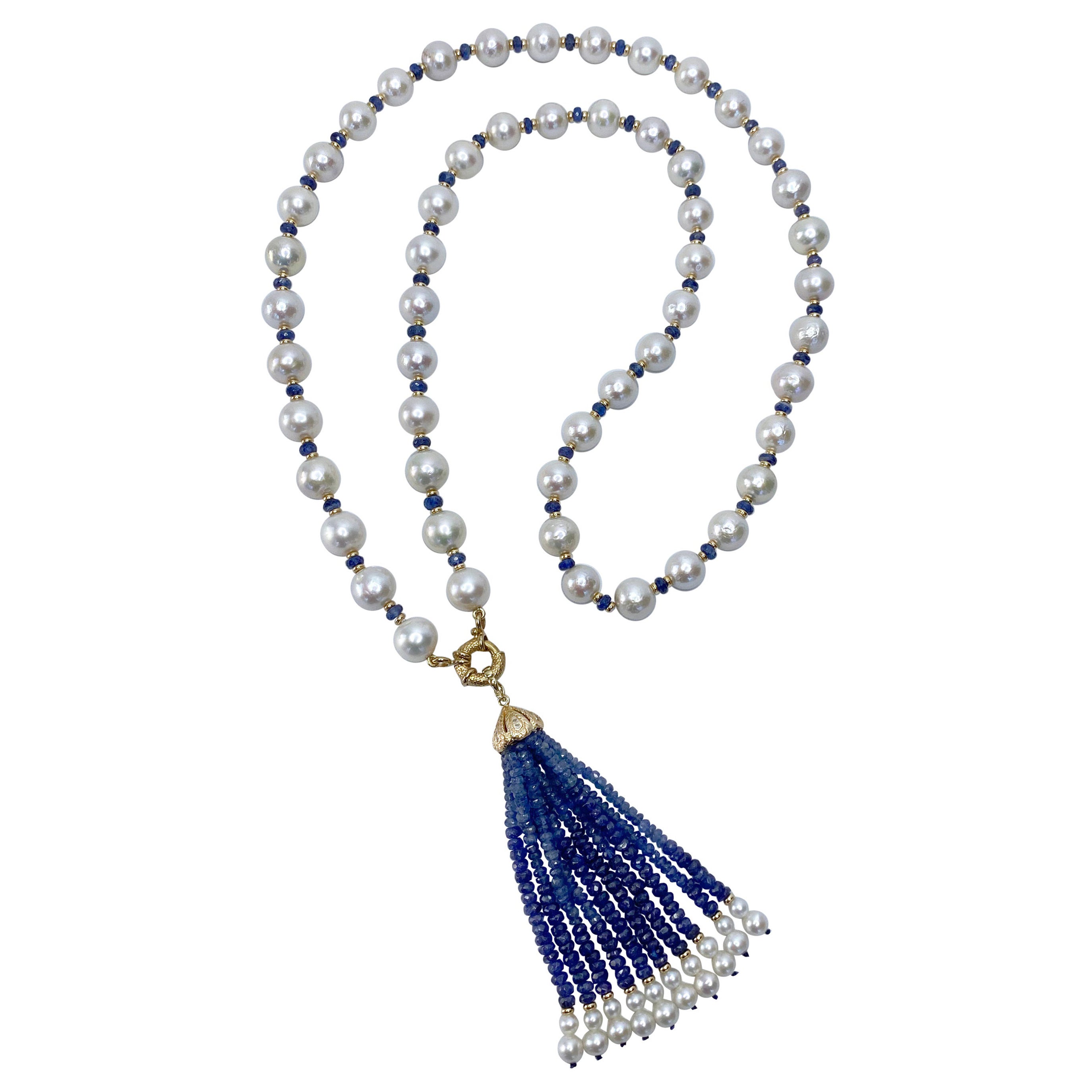 Marina J Faceted Blue Sapphire Beads, Pearls & 14k Yellow Gold Sautoir / Lariat For Sale