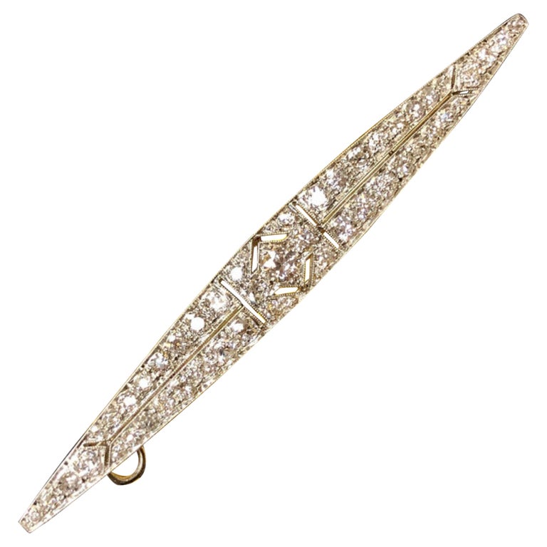 Vintage Art Deco Platinum Long Marquise Diamond Bar Pin Pendant For Sale at 1stDibs