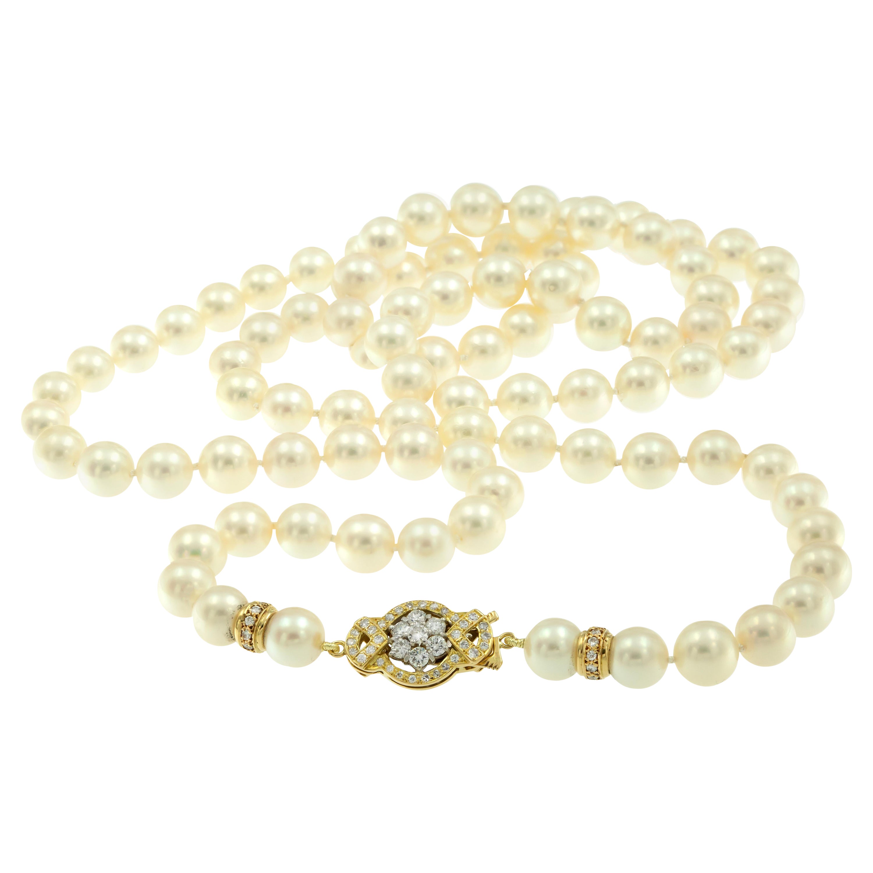 Modern Opera Length Cultured Pearl and Diamond Necklace, circa 1990s