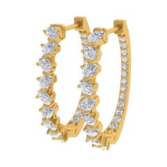 Boucles d'oreilles créoles en or jaune 18 carats avec diamants ronds en forme de poire, fabrication artisanale