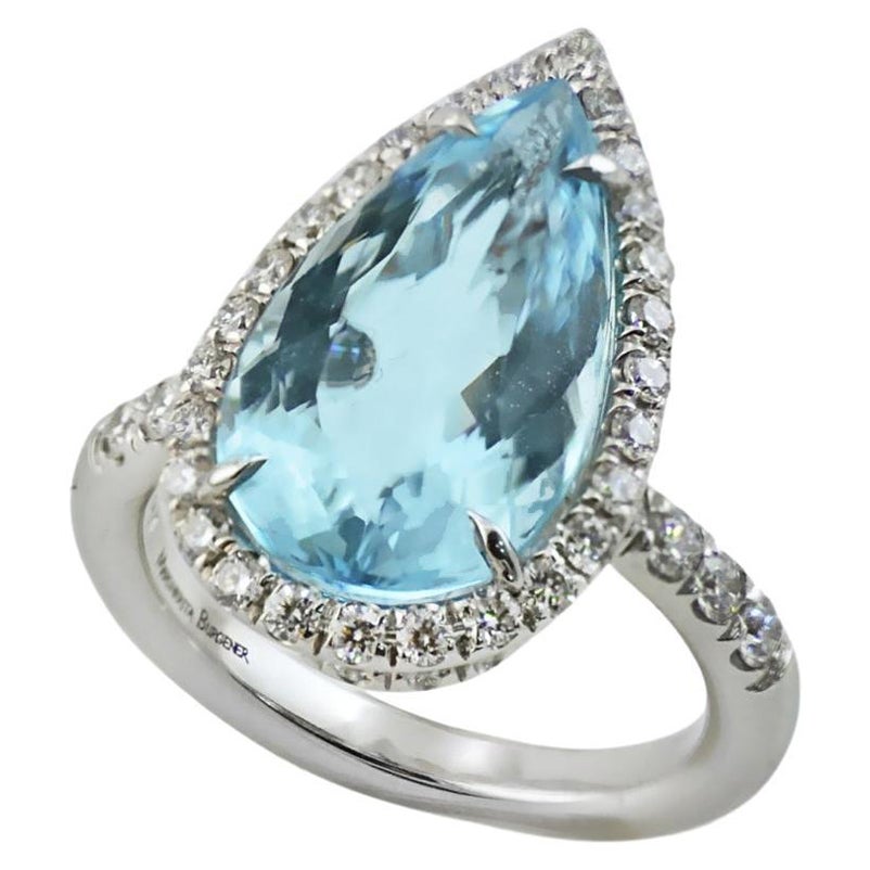 Pear Aquamarine 6.92ct Diamonds 1.12 18kt White Gold Made in Italy Ring For Sale