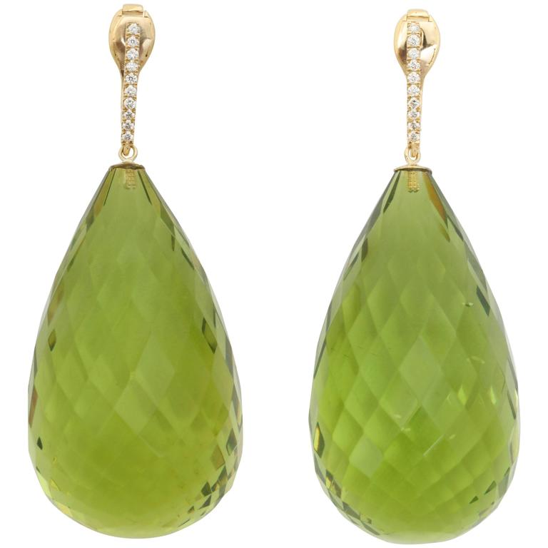 Green Amber And Diamond Gold Long Drop Earrings For At 1stdibs Faceted Green Amber Diamond Gold Drop Earrings