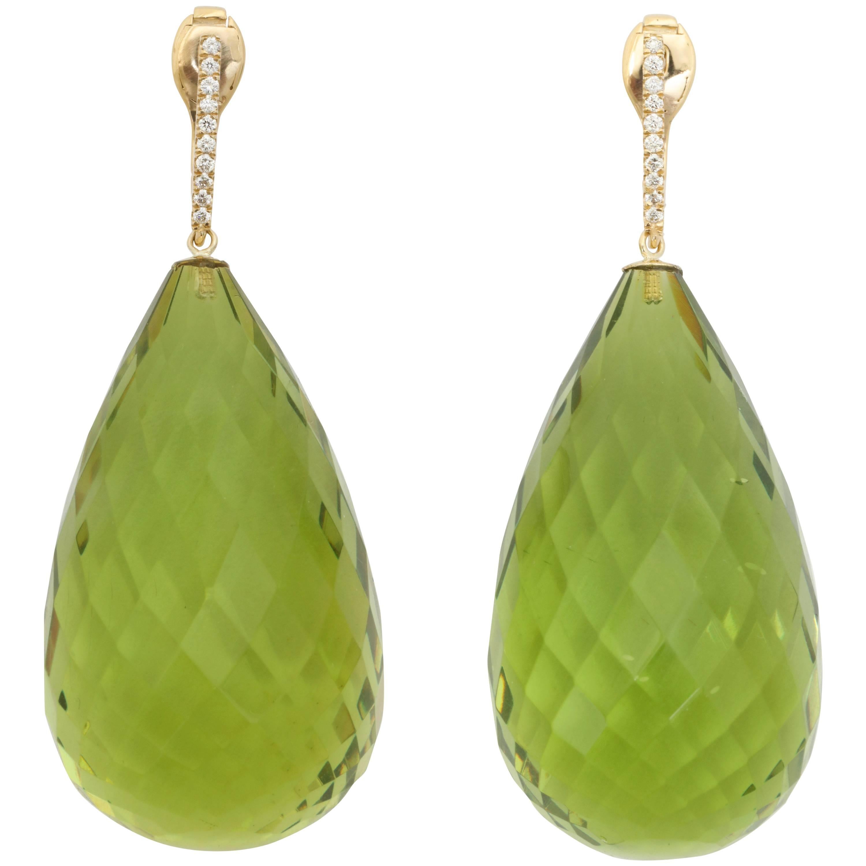 Faceted Green Amber Diamond Gold Drop Earrings